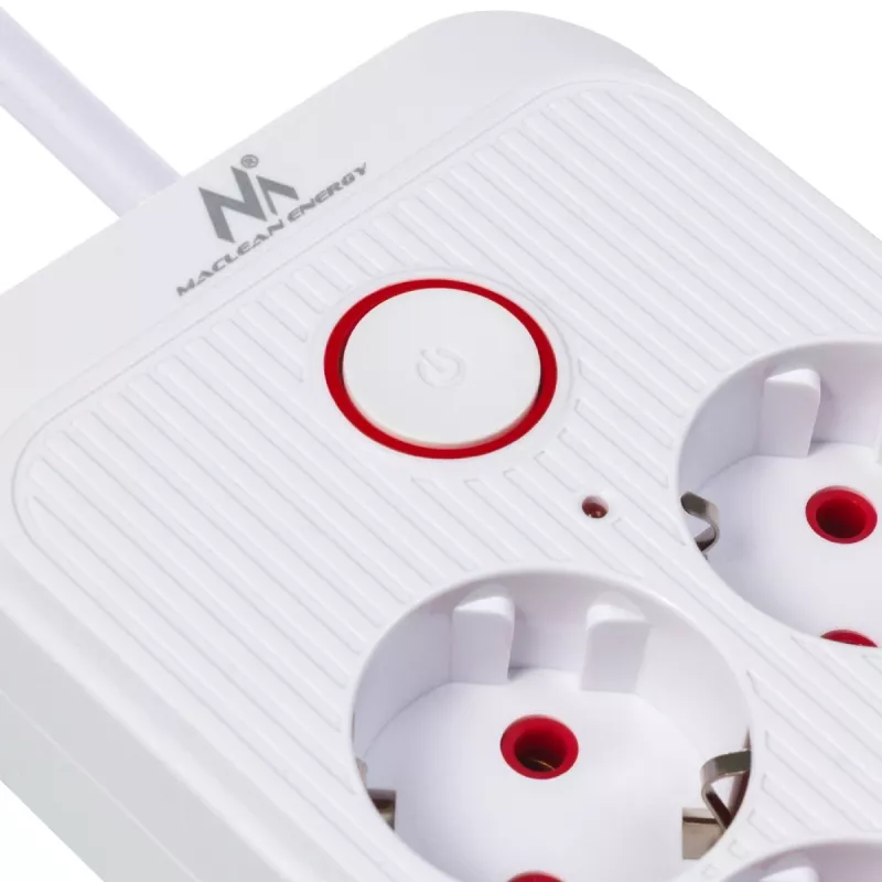 Ilgintuvas MACLEAN MCE391 W — 6 kištukinių lizdų, 4×USB-A + 1×USB-C, 3 m laidas, 110–240V, 2500W, baltas