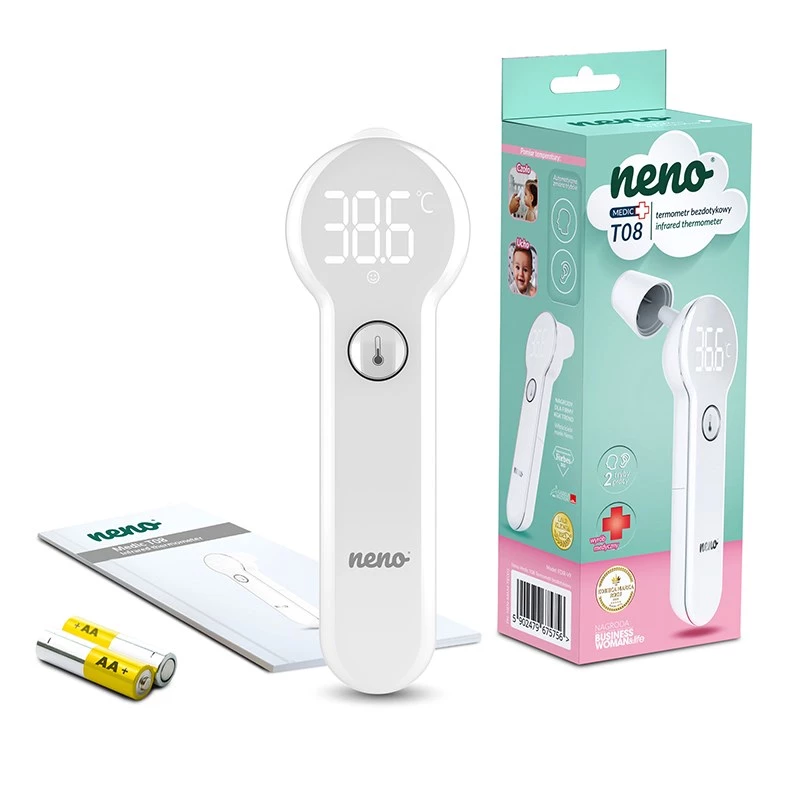 Bekontaktis kaktos termometras neno Medic T08 – infraraudonasis, 35–42 °C, ±0,2 °C, LCD, 2×AAA, atmintis