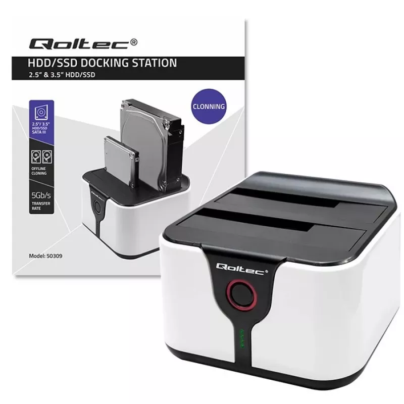 Qoltec 50309 HDD SSD 2.5 3.5 dokavimo stotelė | SATA III | USB 3.0 | Super greitis 5Gb/s | su klonavimo funkcija