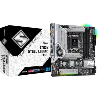 Motininė plokštė ASRock B760M Steel Legend WiFi — Intel B760, LGA 1700, micro ATX, DDR5, 4 DIMM, 128GB, Wi‑Fi 6E, 2.5Gb LAN