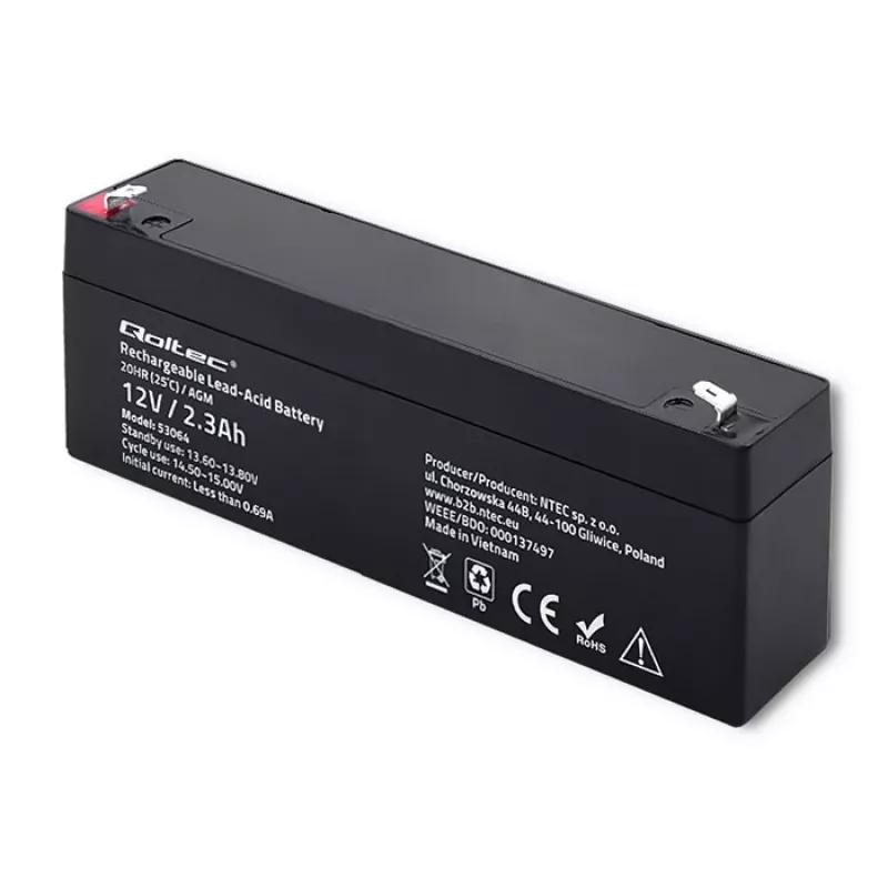 Sandari AGM baterija QOLTEC 12V 2,3Ah UPS ir atsarginės maitinimo sistemoms, maks. iškrova 34,5A