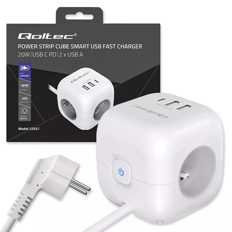 Power Cube QOLTEC 52547 maitinimo blokas 3×AC lizdai, 2×USB-A, 1×USB-C PD 20W