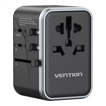 Vention FJFB0 kelioninis maitinimo adapteris 65W – 2× USB-C PD/PPS, 2× USB-A (QC/BC), HDMI išvestis, aliuminis/juodas