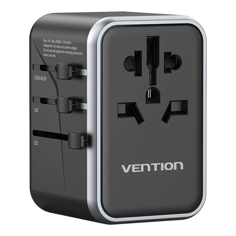 Vention FJFB0 kelioninis maitinimo adapteris 65W – 2× USB-C PD/PPS, 2× USB-A (QC/BC), HDMI išvestis, aliuminis/juodas