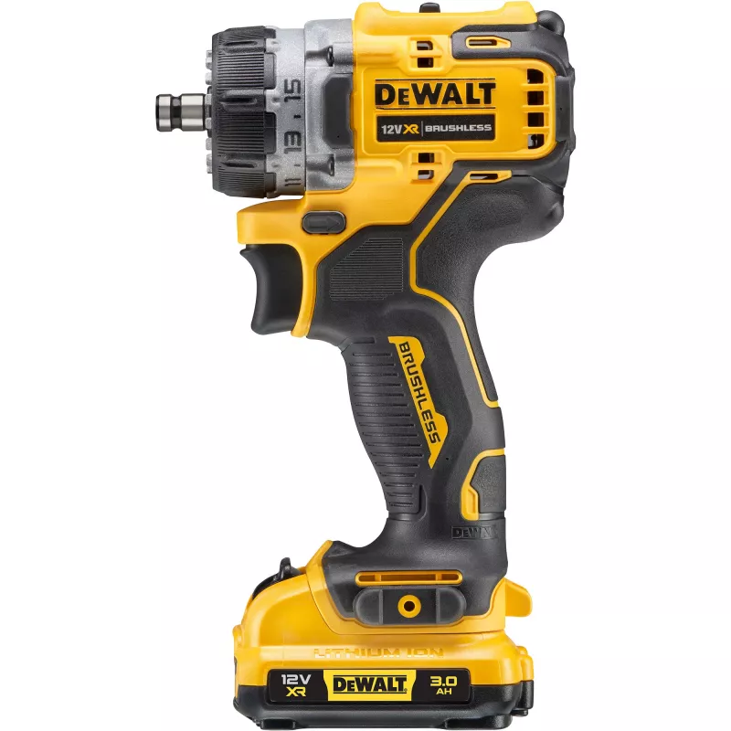 Pistolinė rankena gręžtuvas DeWalt DCD703L2T-QW — 12V, 3.0Ah x2, 1500 aps./min., 10 mm be raktelio griebtuvas, 25,5 N·m, 0,9 kg