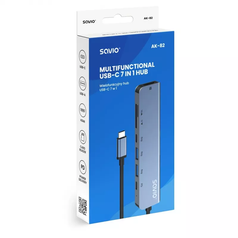 USB Type-C stotelė SAVIO AK-82 su HDMI, MicroSD, USB 3.2 Gen1, PD praėjimu, 4K@30Hz, 5000 Mbit/s, juoda
