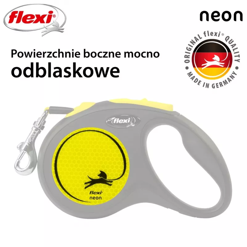 Ištraukiamasis pavadėlis Flexi New NEON 5 m – juostinis pavadėlis mažiems šunims iki 15 kg, juodai geltonas