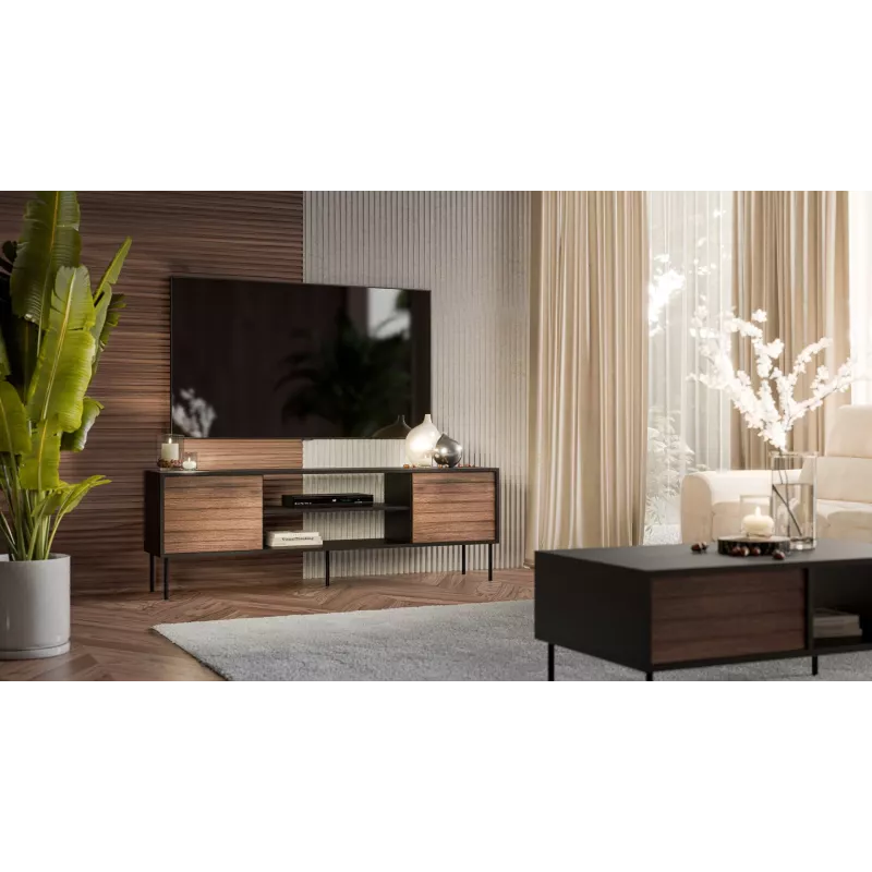 TV spintelė Cama Meble EF CORTINA 180×40×60 cm, juodas viršus, riešutmedžio rėmas