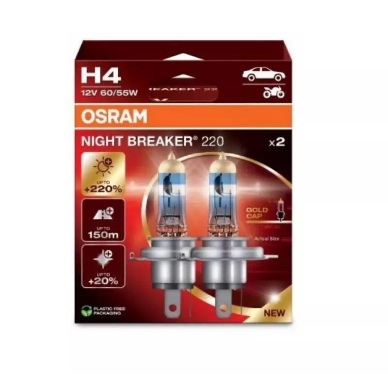 Halogeninis priekinio žibinto lemputės rinkinys Osram NIGHT BREAKER 220 H4 — dviejų lempučių pakuotė, 12V 60/55W