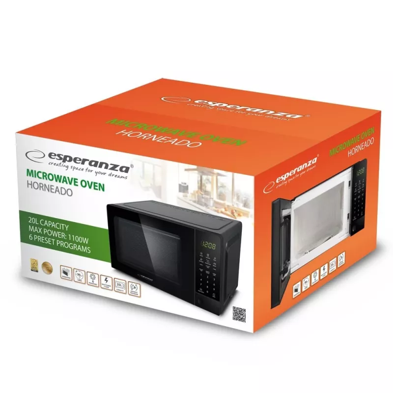 Solo mikrobangų krosnelė ESPERANZA EKO009 — 700 W, 20 L, LED ekranas, jutiklinis valdymas, 24,5 cm stiklinė plokštelė, juoda