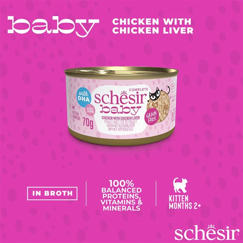 Šlapias kačių ėdalas Agras Pet Foods Schesir Baby in Brühe 70 g – vištiena, be grūdų, jaunikliams