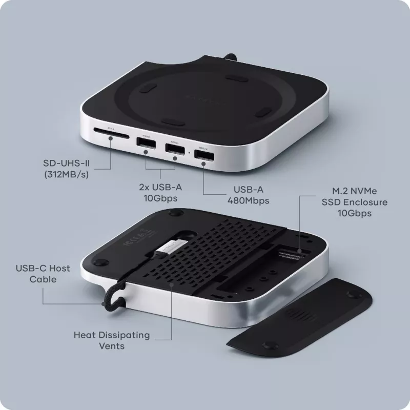 Satechi stovas-hub'as ST-GNMMES su SSD korpusu, USB 3.2 Gen 2 Type-C, USB-A ir SD, sidabrinis
