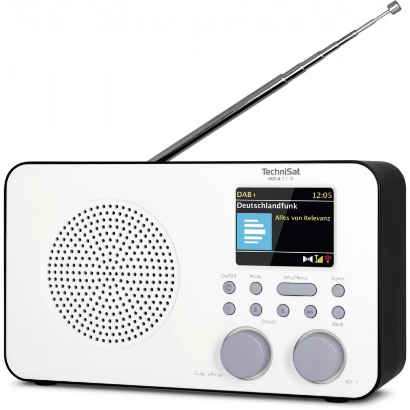 Internetinis radijas TECHNISAT VIOLA 2 C IR – Analoginis ir skaitmeninis imtuvas, DAB+/FM, Wi‑Fi, 3 W, 2,4 colio TFT, 3,5 mm, Juoda/Balta