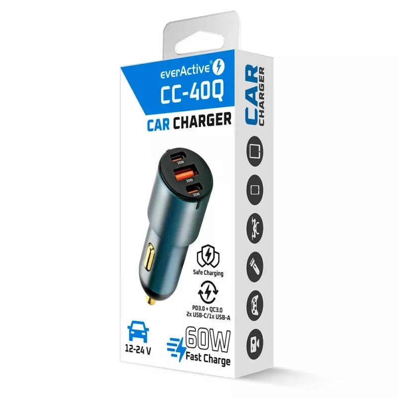 Automobilinis įkroviklis everActive CC-40Q QC3.0 60W, USB maitinimo adapteris mobiliesiems įrenginiams