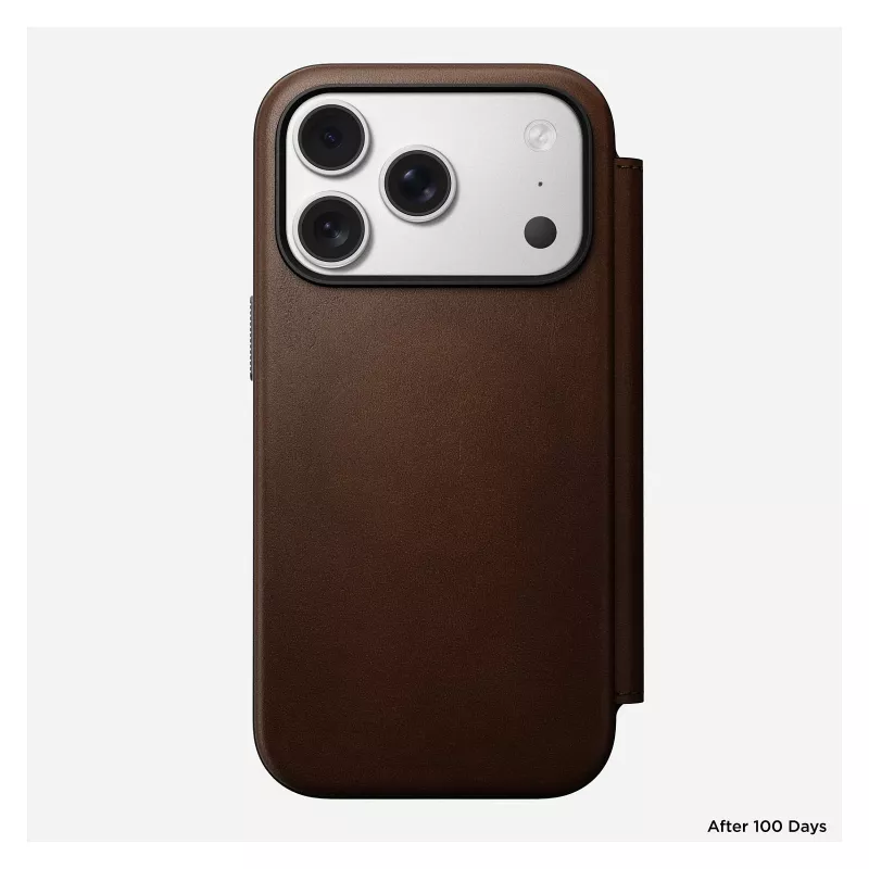 Odinė dėklo-knygelė Nomad Modern Leather Folio, skirta iPhone 17 Pro, ruda, 6,3 colio (16 cm), 4 kortelių kišenės