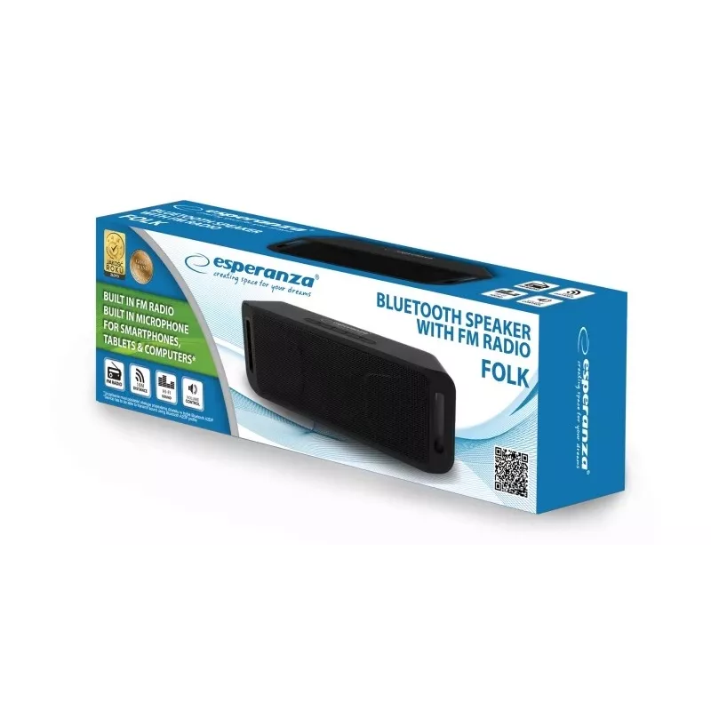 Nešiojamas stereo garsiakalbis ESPERANZA FOLK Black — 6 W RMS, Bluetooth, MicroSD, LiPo baterija