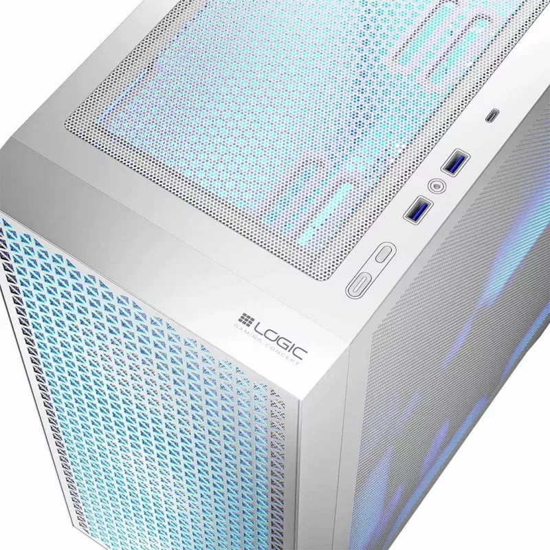 Kompiuterio korpusas LOGIC Dart Pro Midi ARGB baltas — Midi bokštas, ATX, 456×200×385 mm, max GPU 34 cm, CPU aušintuvo aukštis 155 mm, 3×120mm priekyje + 1×120mm gale, USB 3.0 x2, USB-C x1