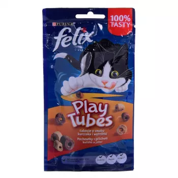Šlapias kačių skanėstas Felix Play Tubes Vištiena ir Kepenys 50 g – mėsingas užkandis suaugusioms katėms, 35% baltymų, 19,5% riebalų