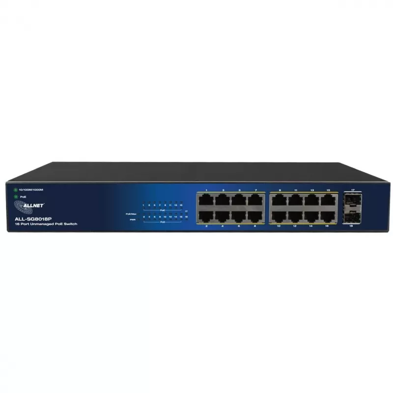 ALLNET 18 prievadų Gigabit PoE komutatorius ALL-SG8018P — 16 PoE prievadų + 2 uplink, Gigabit Ethernet