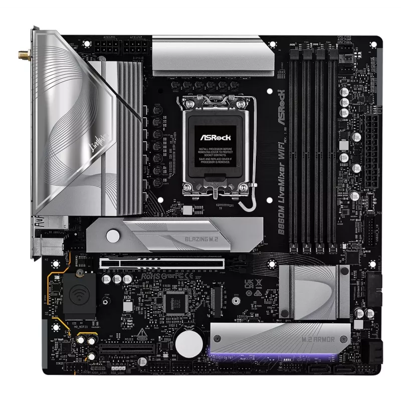 Motininė plokštė ASRock B860M LiveMixer WiFi – Intel B860, LGA 1851, micro ATX, DDR5, 4x DIMM, Wi‑Fi 6E, 2.5Gb LAN