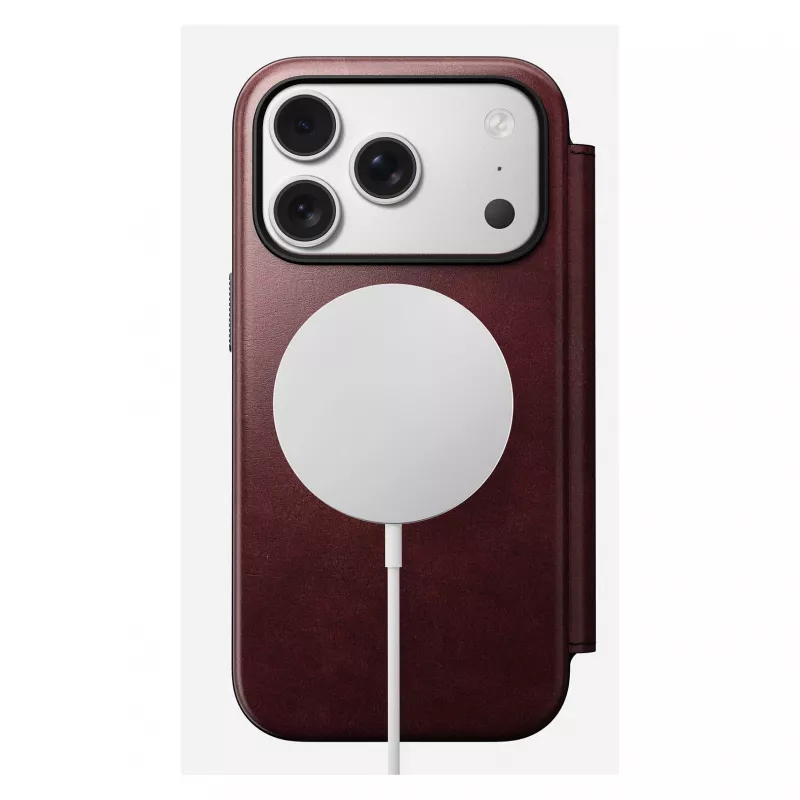 Mobiliojo telefono dėklas Nomad Modern Leather Folio, skirtas Apple iPhone 17 Pro, 6,3 colio (16 cm), odinis, bordo spalvos