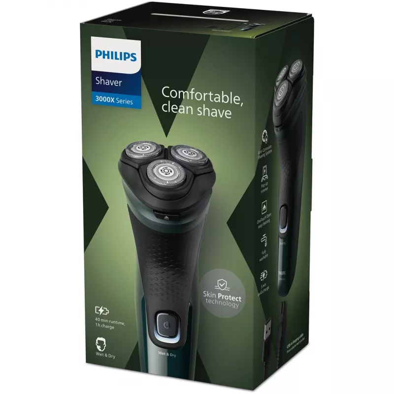 Elektrinis rotacinis skustuvas Philips 3000X Series X3002/00 – 3 galvutės, šlapias ir sausas, belaidis, NiMH akumuliatorius, 40 min veikimo