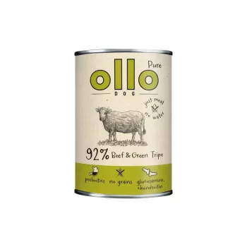 Šlapias šunų ėdalas OLLO Pure Beef and Green Tripe 400 g skardinė – suaugusiems, baltymai 14,5%, riebalai 11,9%, drėgmė 69%