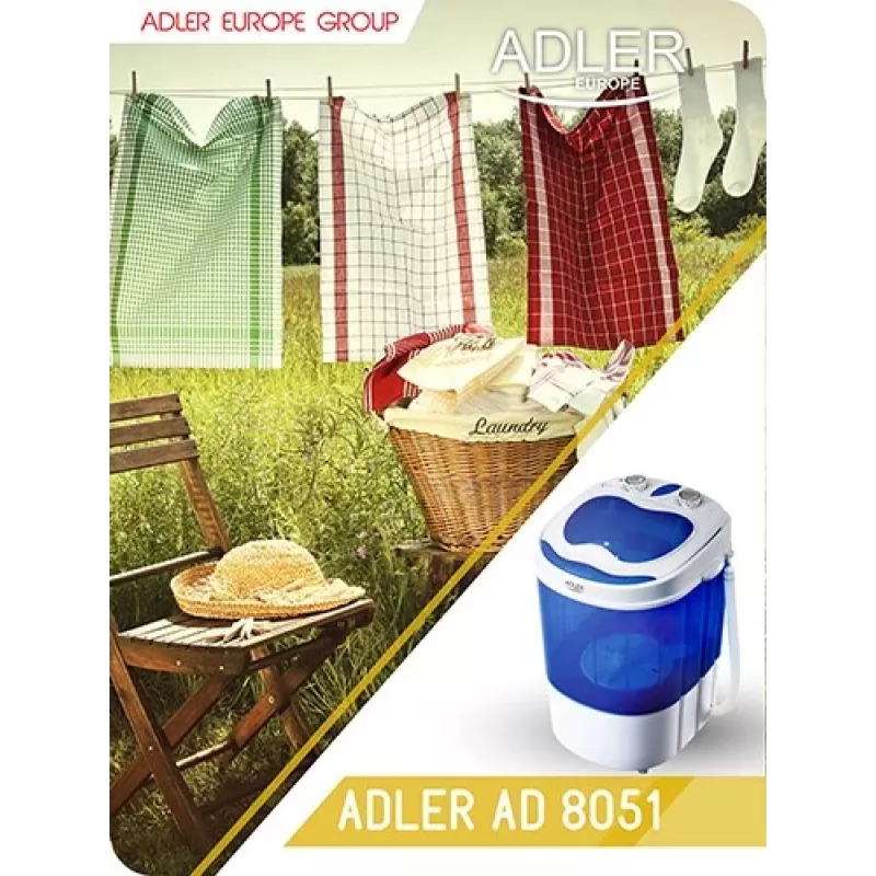 Adler AD 8051 Skalbimo mašina, 3 kg, viršutinis pakrovimas, balta/mėlyna