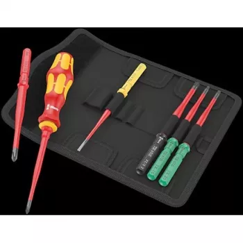 Wera 05006603001 Kraftform Kompakt VDE 7 extra slim 1 Tool Finder atsuktuvų rinkinys, 7 dalys, 817 VDE rankena antgaliams + 6 ypač plonos VDE mentelės, IEC 60900, su diržo dėklu