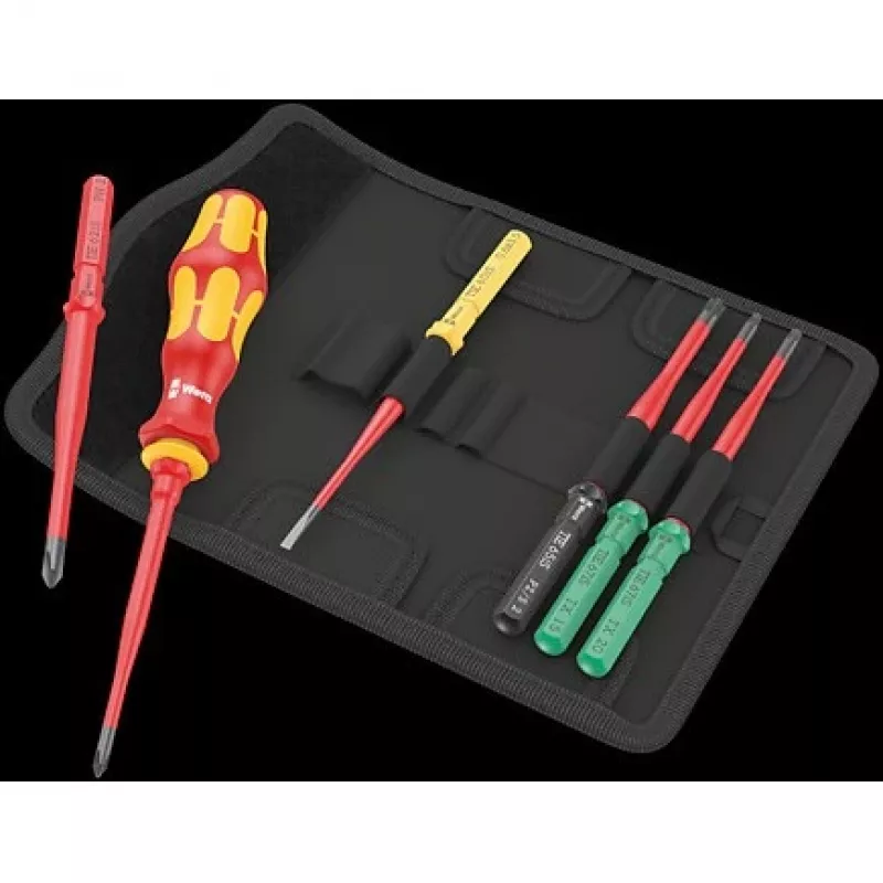 Wera 05006603001 Kraftform Kompakt VDE 7 extra slim 1 Tool Finder atsuktuvų rinkinys, 7 dalys, 817 VDE rankena antgaliams + 6 ypač plonos VDE mentelės, IEC 60900, su diržo dėklu