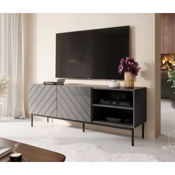 Spintelė AV/TV Cama Meble ABETO RTV ant juodo plieninio rėmo 150x42x60 cm grafitas/blizgus grafitas
