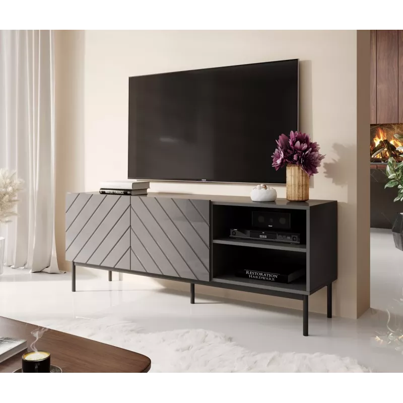 Spintelė AV/TV Cama Meble ABETO RTV ant juodo plieninio rėmo 150x42x60 cm grafitas/blizgus grafitas