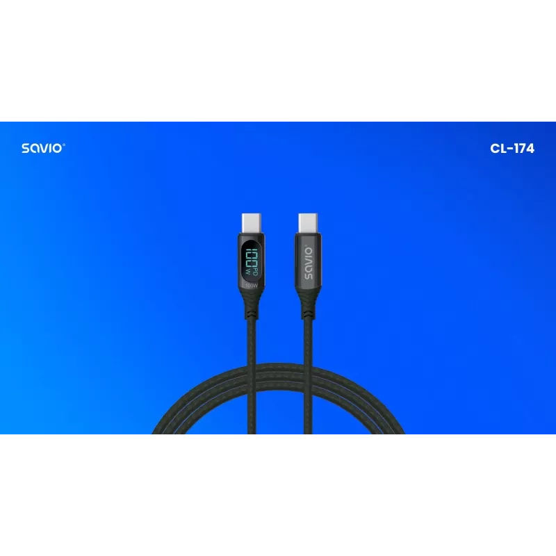 Savio CL-174 USB-C–USB-C kabelis, 100 W, Power Delivery/Quick Charge, skaitmeninis ekranas, 1 m, žalias