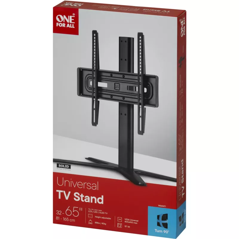 One For All Base TV Holder SOLID stalinis televizoriaus stovas – tinka 32–65 colių LCD/LED/Plazma/OLED/QLED televizoriams – pasukimas (90°) pakreipimas (15°) – reguliuojamas aukštis – VESA 60