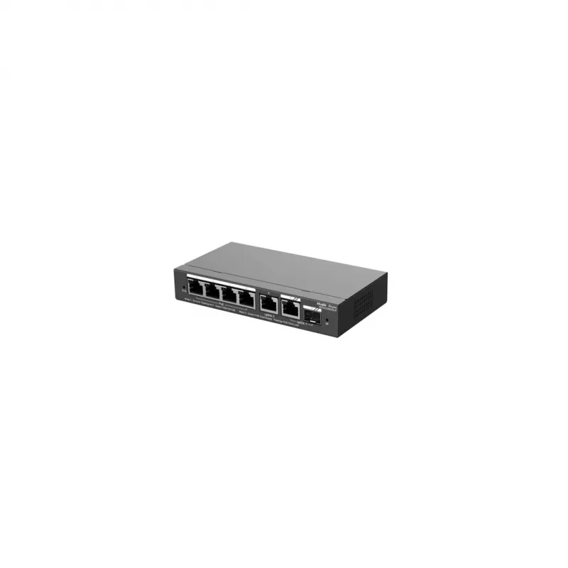 Valdomas PoE jungiklis RUIJIE RG-ES206GS-P — L2, 6x Gigabit RJ-45, 1x SFP, 4 PoE prievadai (54 W biudžetas), 12 Gbit/s, debesimi valdomas