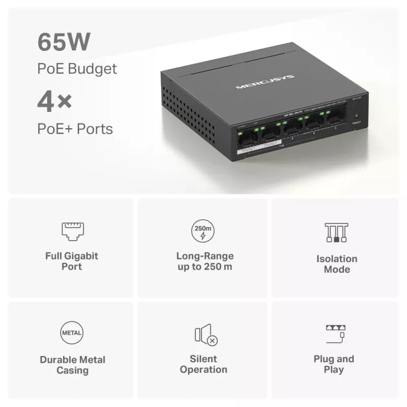 Mercusys 5 prievadų Gigabit stalinis komutatorius su 4 prievadais PoE+