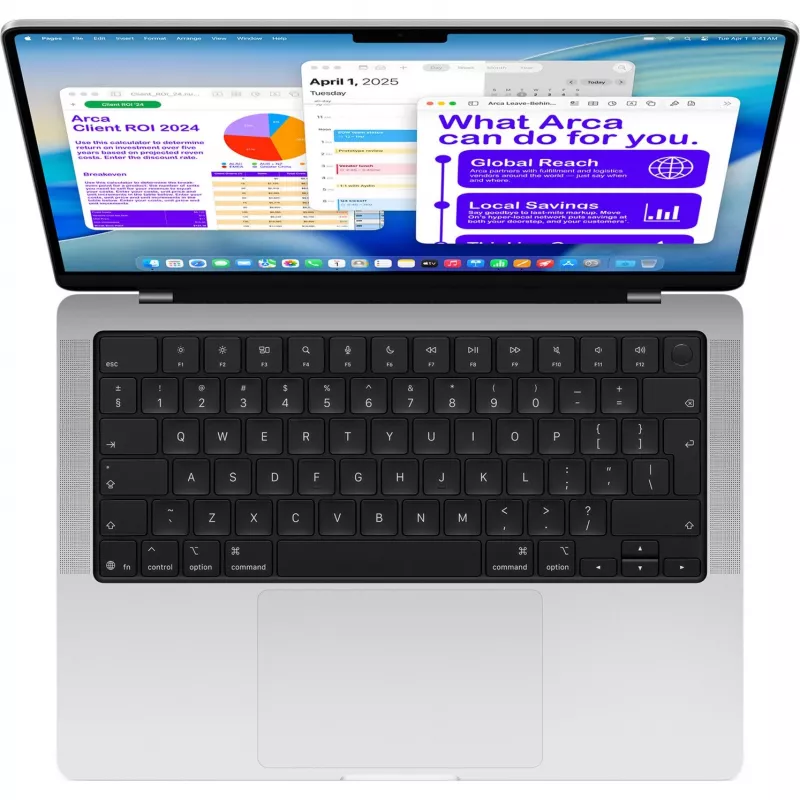 Nešiojamas kompiuteris Apple MacBook Pro sidabrinis MDE64D/A - 35,6 cm (14 inch), M5 10 branduolių lustas, 10 branduolių GPU, 24 GB RAM, 1 TB SSD / be maitinimo šaltinio