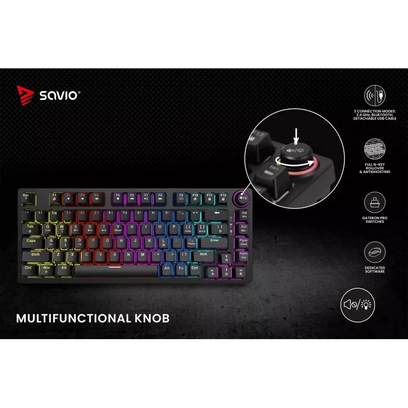 Savo Phenix SAVGK-RED mechaninė klaviatūra žaidimams 75% Gateron Pro RGB belaidė RF Bluetooth USB QWERTY