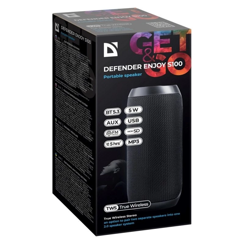 Nešiojamas Bluetooth garsiakalbis DEFENDER ENJOY S100 — 10W, Bluetooth 5.3, 5h baterija, LED apšvietimas, įmontuotas mikrofonas