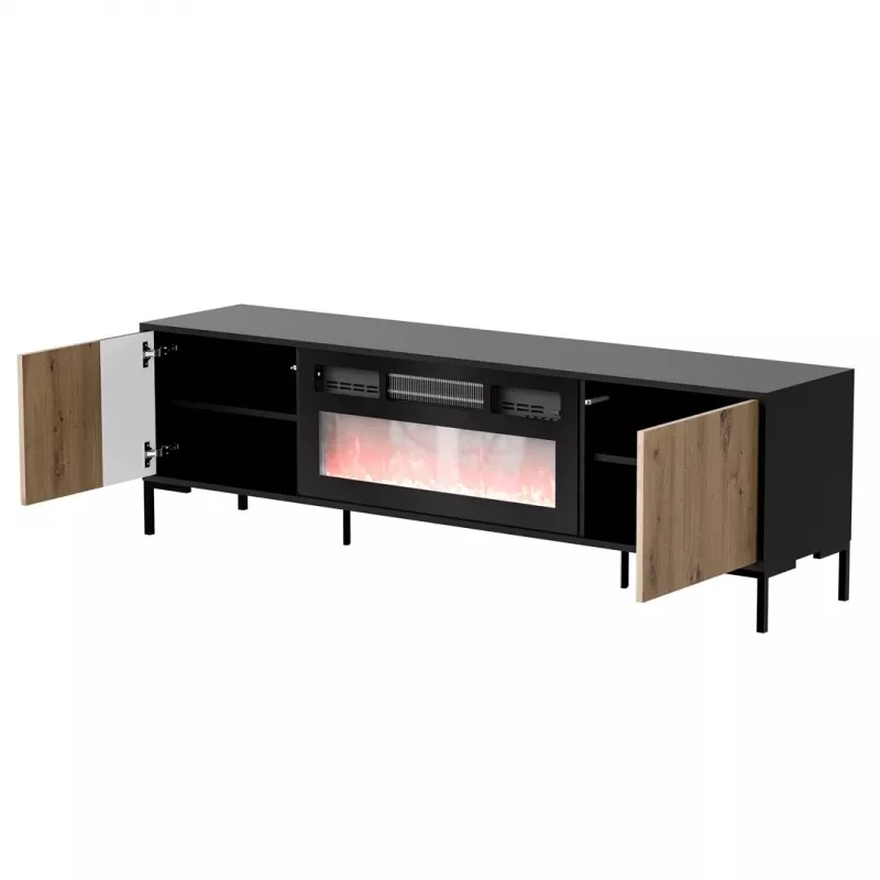 TV spintelė Cama Meble MERCI su židiniu, 180 x 40 x 53,5 cm, juodas viršus, ąžuolo artisan rėmas