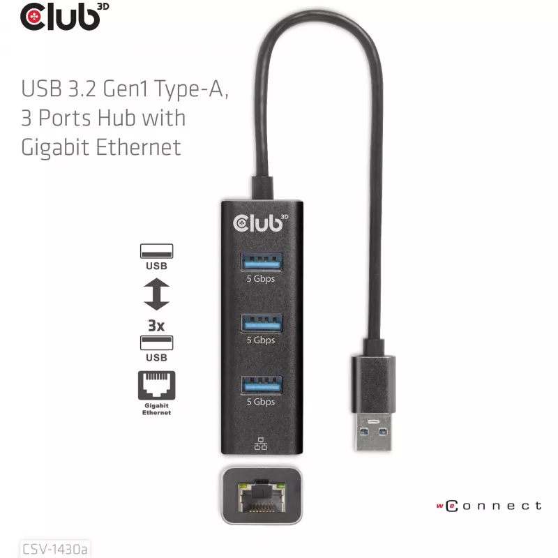 USB šakotuvas CLUB3D USB 3.2 Gen1 Type-A 3 prievadai su Gigabit Ethernet