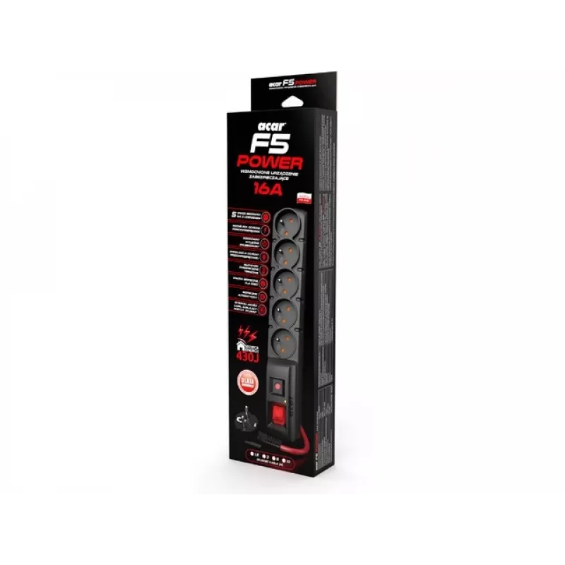 AC maitinimo juosta ACAR F5 POWER Black, 5 AC lizdai, 230 V, 5 m