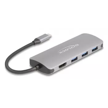 USB-C stotelė DELOCK 64323 — USB 3.2 Gen 2 Type-C pagrindinis, HDMI + 2× USB-A + 2× USB-C, 10 Gbit/s, pilka