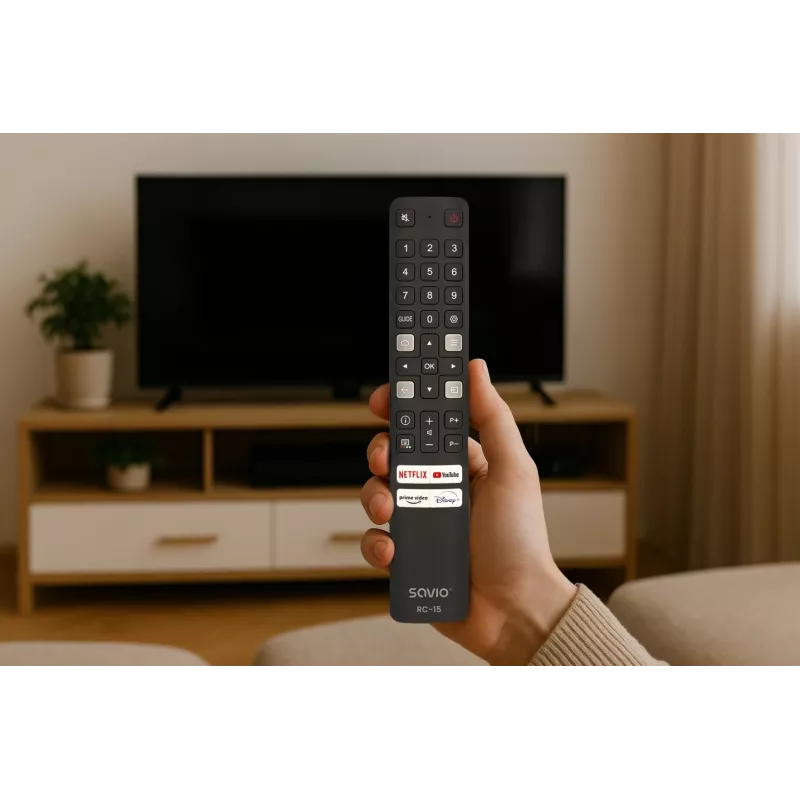SAVIO universalus TV nuotolinio valdymo pultas RC-15, skirtas TCL SMART TV, IR belaidis, juodas, veikimo atstumas 10 m