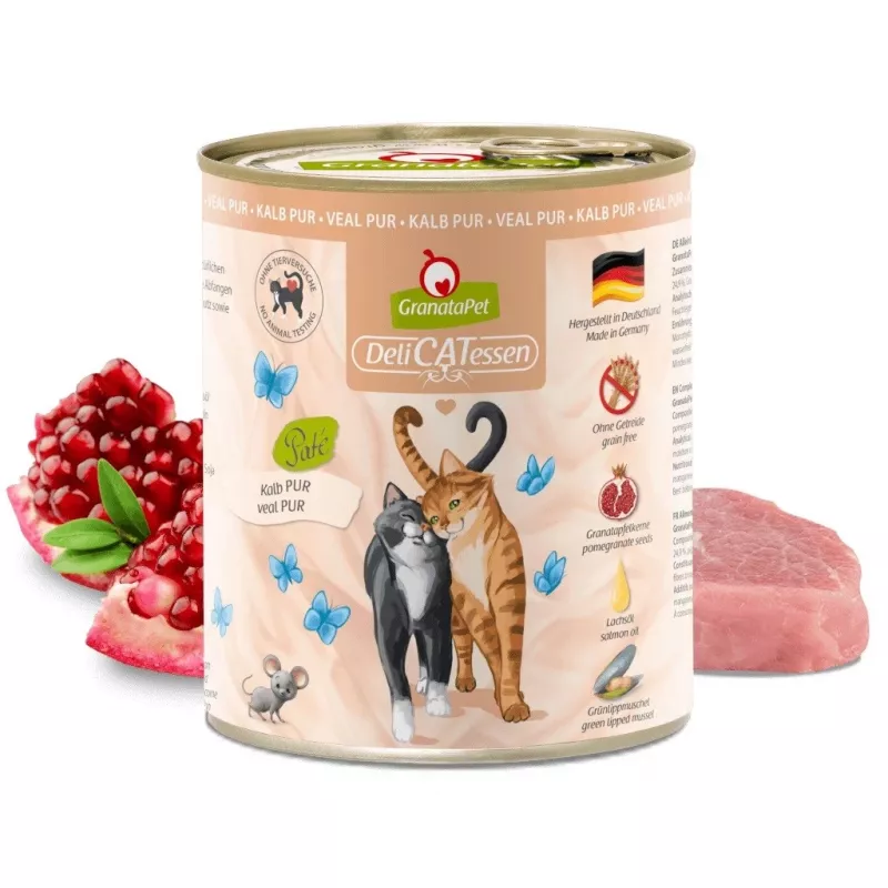 Šlapias kačių ėdalas Fox4Pets DeliCATessen Pur Veršiena 800 g skardinė, suaugusioms katėms, pilnavertis pašaras, hipoalerginis, be glitimo ir sojos