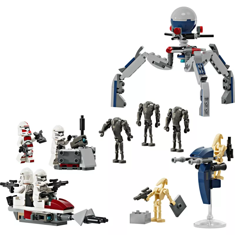 LEGO Star Wars Clone Trooper & Battle Droid Battle Pack – Klonų kareivio ir kovos droido rinkinys su greičio dviračiu, 4 minifigūrėlėmis ir 5 figūrėlėmis