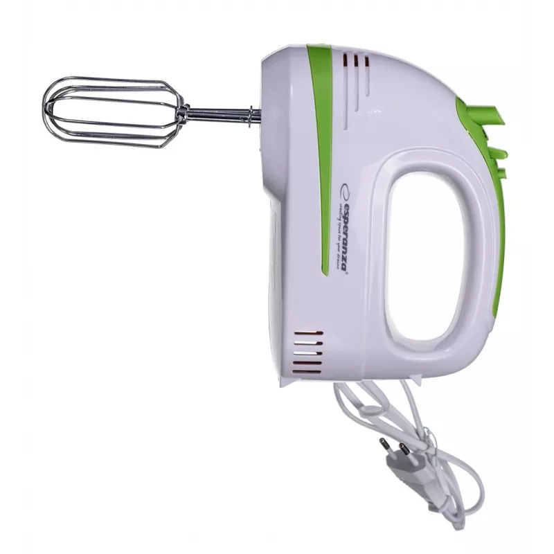 Rankinis plaktuvas ESPERANZA EKM011 — 400 W, 5 greičių, turbo, tešlos kabliukai ir plaktuvai, 220–240 V, baltas/šviesiai žalias