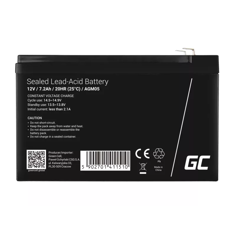 UPS akumuliatorius Green Cell AGM05 — 12 V 7.2 Ah sandarus švino rūgštinis (VRLA), 95 mm aukštis, 151×65 mm, 2.15 kg