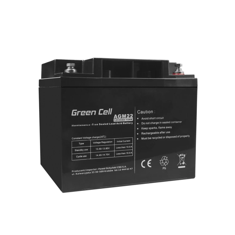 UPS baterija Green Cell AGM22 – sandarus švino rūgšties akumuliatorius 12V 40Ah (VRLA), 170×165×197 mm, 12,1 kg