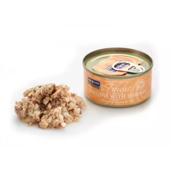 Šlapias kačių ėdalas FISH4DOGS Sardinė su krevetėmis 70 g – pilnavertis konservuotas ėdalas suaugusioms katėms, žuvies skonio